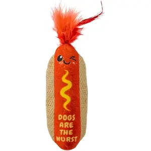 Hotdog Kicker Toy with Catnip and Dental Mesh, Hot Dog Shape, Plush and Feather Cat Toy for Kicking, Tossing, and Teeth Cleaning, Brown
