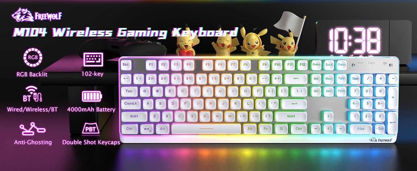 Free wolf M104 Wireless Gaming Keyboard with Numeric Keypad, New keyboard Tri-Mode(2.4Ghz/Wired/Bluetooth) Membrane Full Size Mechanical Feel Metal Panel RGB 4000MAH Rechargeable Quiet Waterproof for PC/MAC/Win Gamer-Black Free wolf M104 Wireless Gaming Keyboard with Numeric Keypad, New keyboard Tri-Mode(2.4Ghz/Wired/Bluetooth) Membrane Full Size Mechanical Feel Metal Panel RGB 4000MAH Rechargeable Quiet Waterproof for PC/MAC/Win Gamer-Black