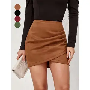 Ruched Wrap High Waist Skirt - Women's Solid Bodycon Bottoms, Spring Fall Casual Daily Outdoor Wear