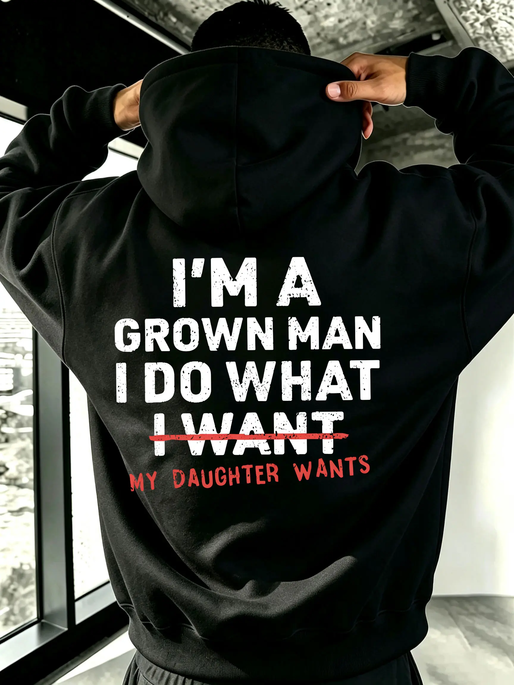 Men’s loose drop-shoulder pullover hoodie with “Dad Love” fun lettering print on the back, casual long-sleeve sweatshirt