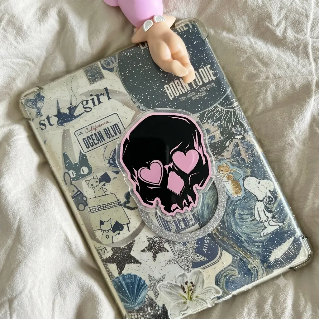 Pastel Goth Skull Phone Grip Pink Heart Eyes Skeleton Phone Stand Acrylic Cute Gothic Phone Holder Spooky Cute Gothcore Finger Grip Topper Aesthetic Coquette Phone Accessory Gift for Her