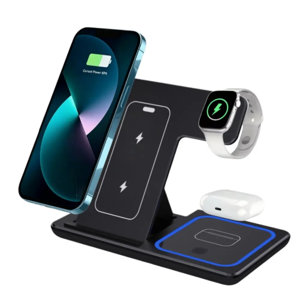 3 in 1 Wireless Charger 15W Fast Charging Station Foldable Charging Dock Compatible with iPhone 17 16 15 14 13 Apple Watch AirPods Multi Devices Travel Desktop Charger Folding Wireless Charger
