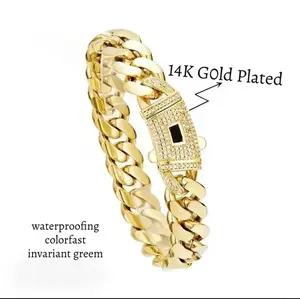 14K Gold-Plated Cuban Bracelet, 6mm-14mm Width, 7.5/8.5in Length, New Gold-Plating Craftsmanship, Classic White Stone Inlay, Miami-Style Fashion Accessory, Ideal Gift for Loved Ones