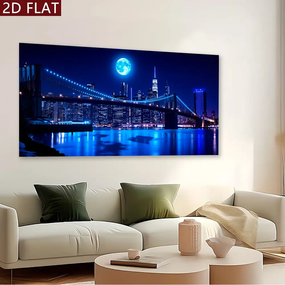 Wooden Framed Canvas Painting 2D Flat Modern Abstract Brooklyn Bridge and Manhattan Skyline Night Print Art Wall Painting canvas Painting Art Wrapped in canvas