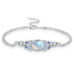 DRINSPER 925 Sterling Silver Bracelet with Moonstone & Butterfly Design CZ Decor, 2024 Summer Fashion Charming Butterfly Design Artificial Gemstone with Beautiful Moonstone Bracelet, Elegant Silver Bracelet for Women Girls