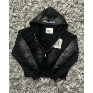 2026 Hell in Paradise Retro Gothic Style Zip Up Hoodie Embroidery Patchwork Hoodies Loose Sweatshirt Men Clothing Menswear Sleeve
