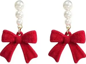 Bow Earrings for Women Red Ball Bow Earrings Pearl Bowknot Drop Earrings Anniversary Chrsitmas Valentine's Jewelry Holiday Gift for Women