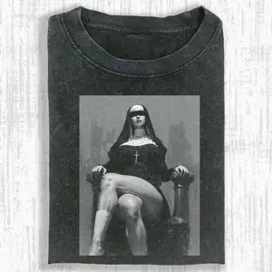 SATANIC NUNS Vintage Washed Crew Neck Tee Heavyweight(280g) Regular Fit Casual Comfort Breathable Short Sleeve Funny T-shirts for Summer Fashion Men&Women's Top for Daily Wear 06201 Inspired graphic tees men gifts outfit men dailywear