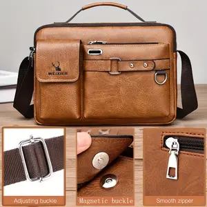 Men's Vintage Faux Leather Crossbody Bag, Waterproof Business Messenger Bag with Headphone Port for Daily Use