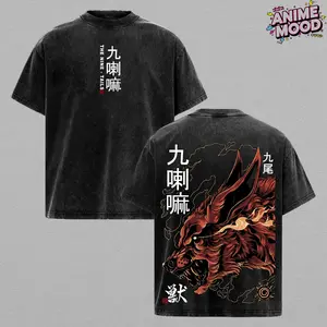 Nine Tails Fox T-Shirt – Oversized Vintage Washed Naruto Inspired Tee, Kurama Anime Graphic Shirt, Acid Wash Heavy Cotton Unisex Streetwear, Casual Anime Graphic Tee, Gift for Anime Fans, Gym Pump Cover