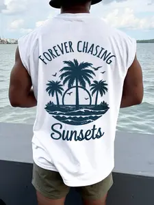 Men's Sleeveless Casual Wide Shoulder Vest, Tops, Coconut Tree Sunset Tropical Graphic Print, Soft Fabric, Perfect for Beach and Short Trips, All Seasons Wear