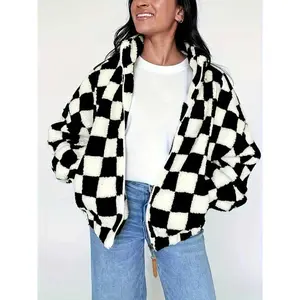 Long Sleeve Plaid Checkered Hooded Zipper Pocket Loose Warm Casual Outerwear, Trendy Jacket for Leisure and Parties