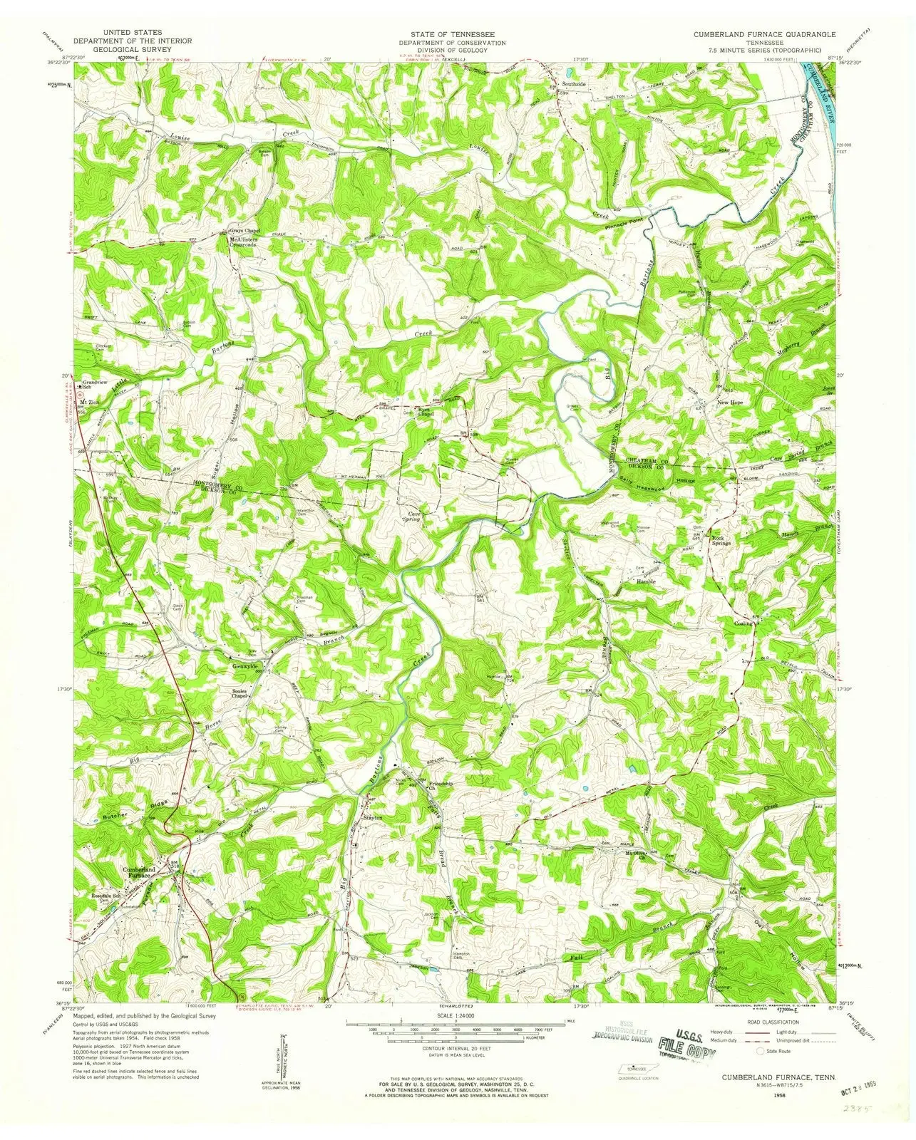 Cumberland Furnace Tennessee USGS Topographic Quadrangle Map, 1958, 1:24000