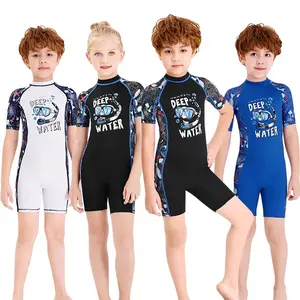 Boys Girls One-piece Swimsuit Short Sleeve Zipper Diving Suit Bathing Suit Quick-drying Swimwear Beachwear (Free Swimming Cap)