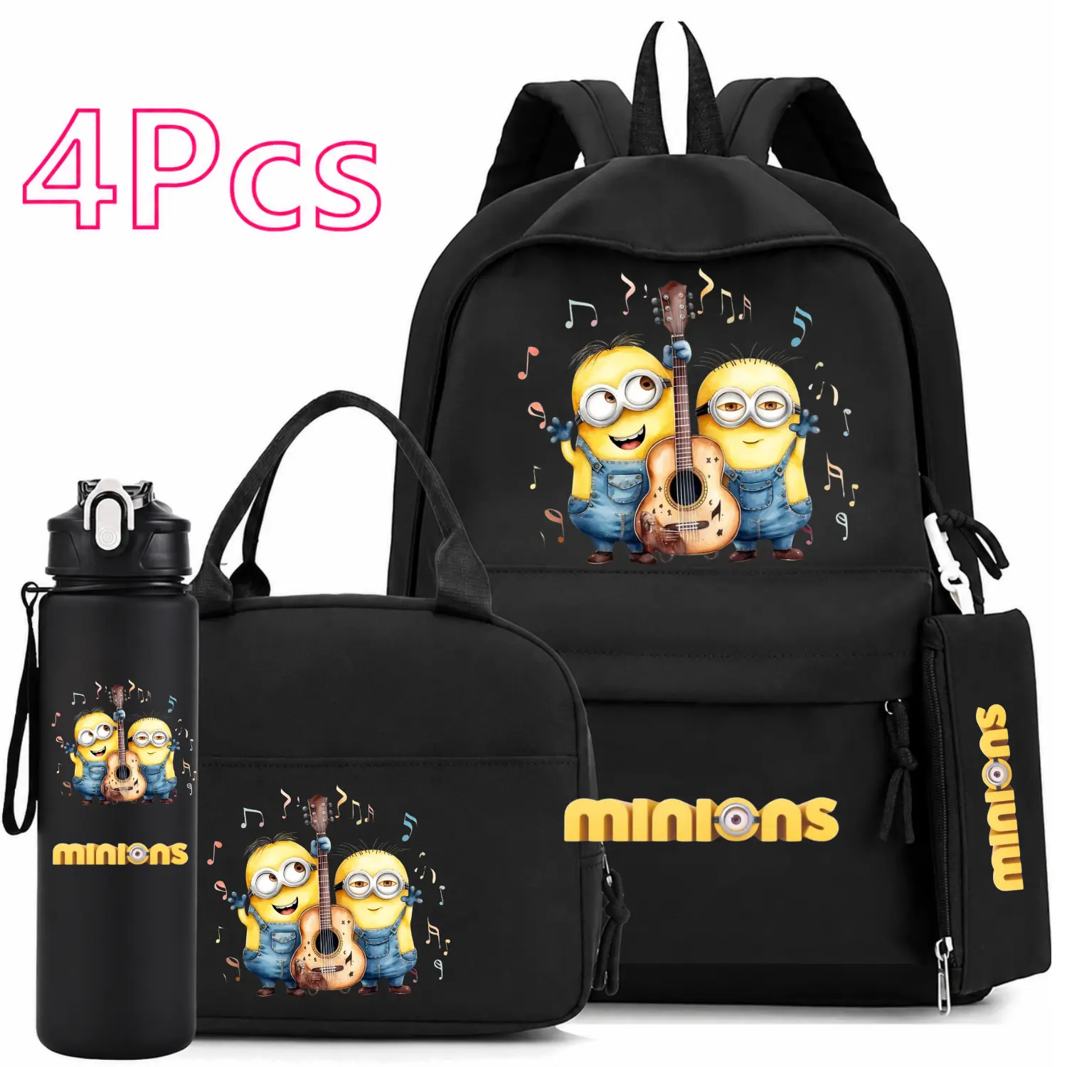 4PCS Minions Backpack Set for Girls, Kids School Bag with Lunch Bag, Pencil Case & Water Bottle, Pink Star Student Bookbag