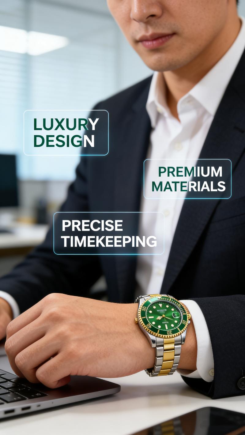 Men's Pro Diver Quartz Watch with Stainless Steel Strap - green Dial & Gold Accents - Durable & Stylish Timepiece