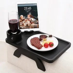 Couch Arm Table 15.36”x9.85” with Cup & Phone Holder, Bamboo Clip-On Sofa Tray for Snacks, Drinks & Remote