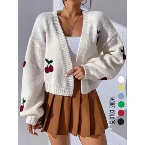 【Plus Size】 Cherry Embroidery Drop Shoulder Open Front Cardigan, Casual Long Sleeve V Neck Knitwear for Spring & Fall, Women's Plus Clothing for Daily Wear