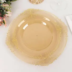 10-Pack Plastic Round Dessert Plates 8" Transparent Amber Gold with Gold Leaf Embossed Rim - Vintage Baroque Style Disposable Salad Plates