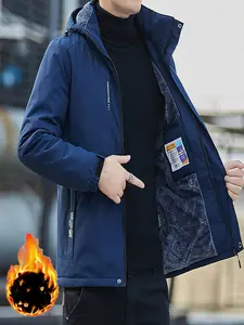 Men's Regular Fit Solid Pocket Zip Up Hooded Sports Jacket, Casual Long Sleeve Drawstring Zip Front Thermal Lined Outerwear for Fall & Winter, Men's Sportswear for Outdoor Activities