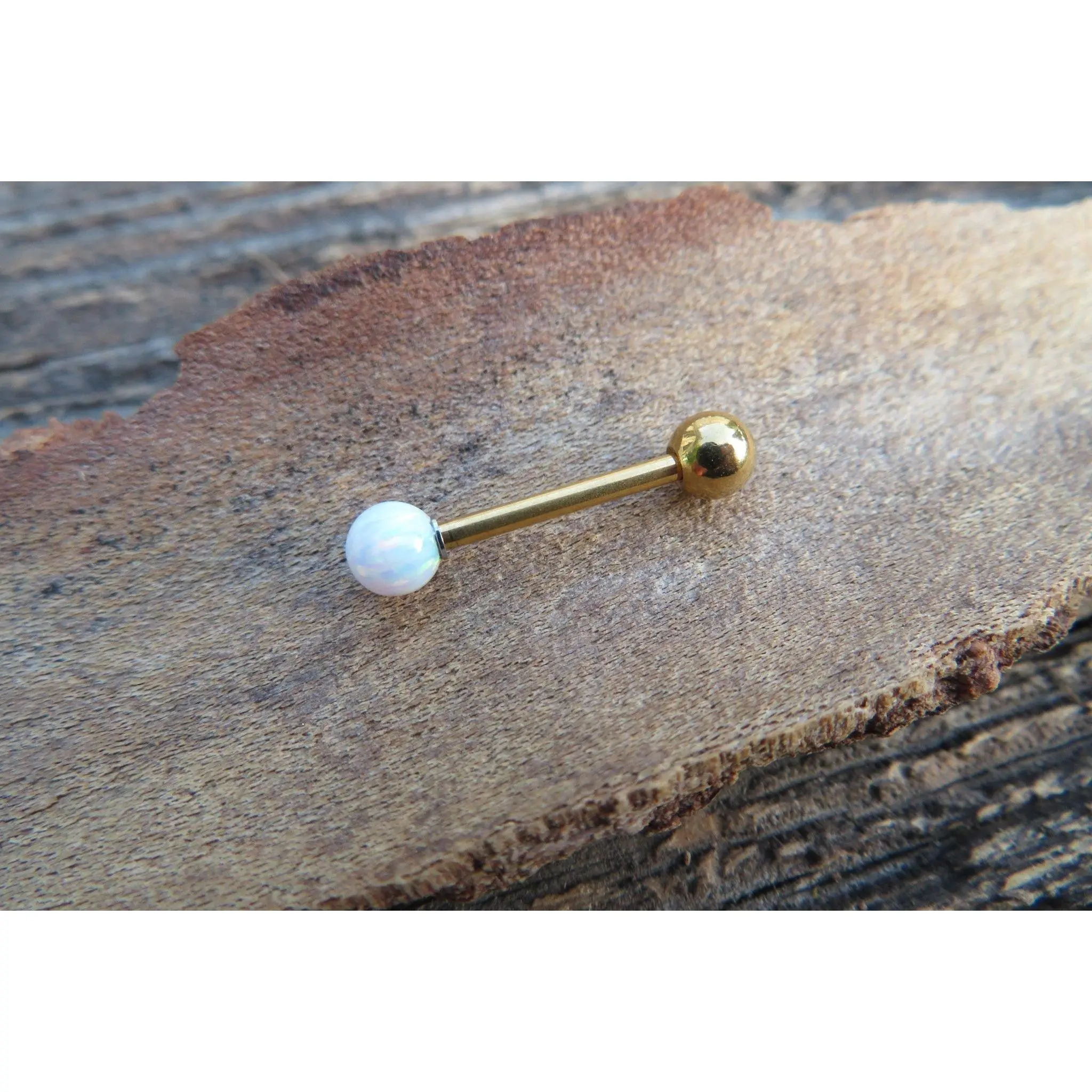 Gold IP White Fire Opal 100% Surgical Steel Stone Barbell Tongue Ring 14G (1.6mm) Piercing Custom Lengths