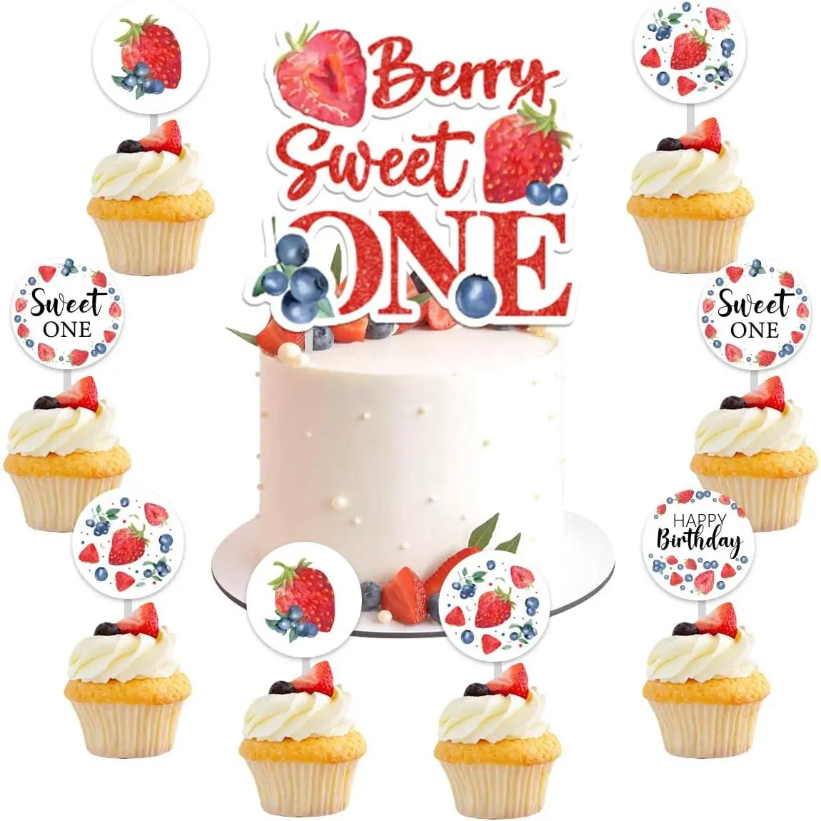 1Set Strawberry Cupcake Cake Toppers Strawberry 1anniversary Birthday Party Decoration Berry Sweet One Cupcake Cake Toppers First Birthday for Fruit Theme Kids 1anniversary Birthday Party Cake Decorations