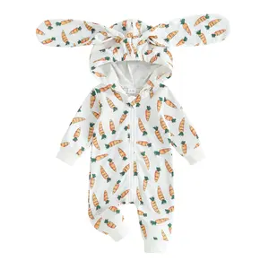 Toddler Baby Girl Boy Easter Romper Carrot Print Bunny Ears Long Sleeve Hoodie Jumpsuit for Newborn Girl Boy Cute Clothes
