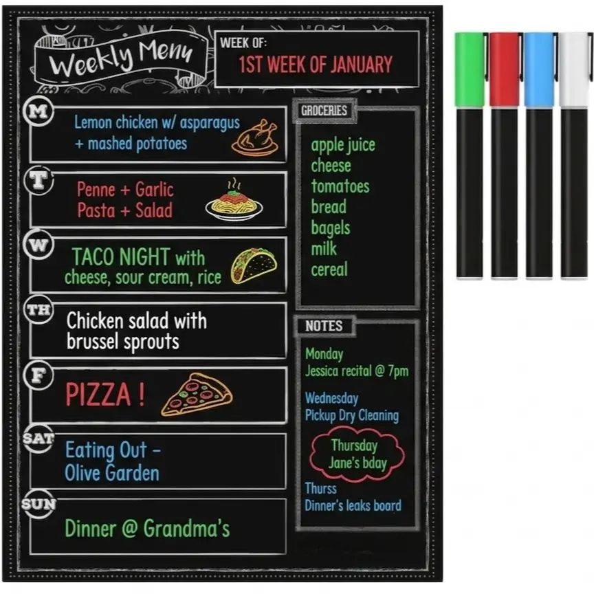 Weekly Meal Planner & Grocery List For Fridge - 15.6" x 11.6" Black Dry Erase Menu Board With 4 Liquid Chalk Markers