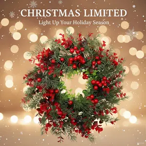 Christmas Wreath Door Decoration, 15.74 Inch Artificial Wreath with Berries and Pine Needles, Front Door Wall and Fireplace Decor