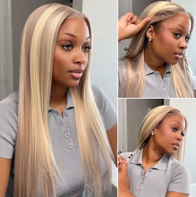 Megalook 13x6 Three-Go Blonde Highlight Glueless Wigs Silky Straight With Drawstring 100% Human Hair Wig