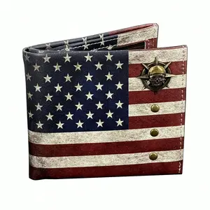 Vintage Mens Western PU Bifold Wallet American Flag Wallet Skull Rivet Purse