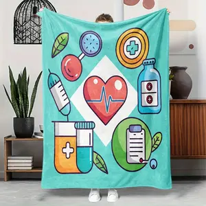 Medical-Themed Flannel Blanket - Soft & Breathable All-Season Throw with Hospital Symbols - Teal Background - Perfect Gift for Nurses, Doctors, Students - Machine Washable Polyester Bedspread for Home, Clinic, or Hospital Decor