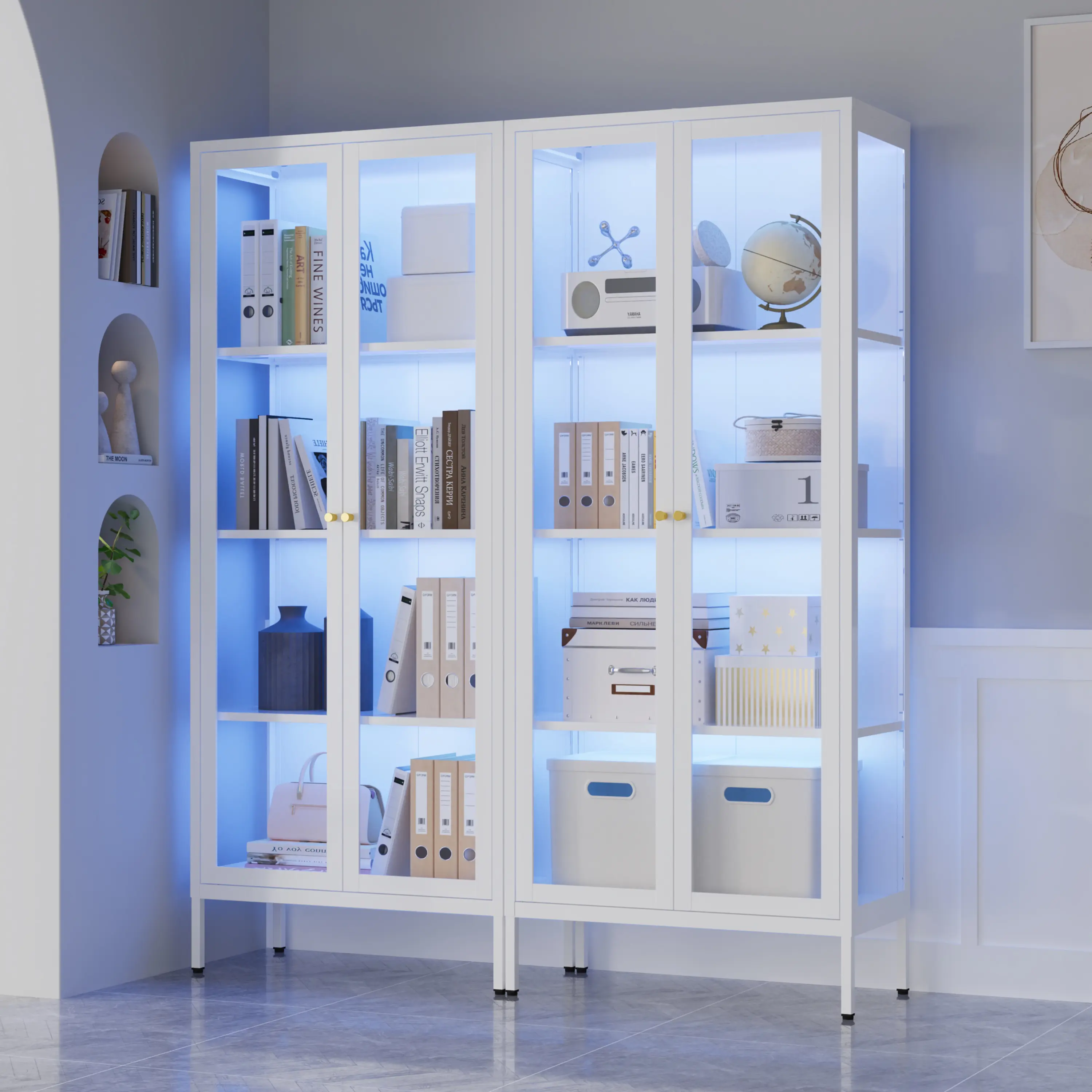 POLUP 66"Glass Display Cabinet with 3 Color LED Lights,Metal Curio Cabinet with Glass Doors,4-Tier Display Case for Collectibles,Trophy,Plant,White Storage Cabinets For Living Room - Assemble Required
