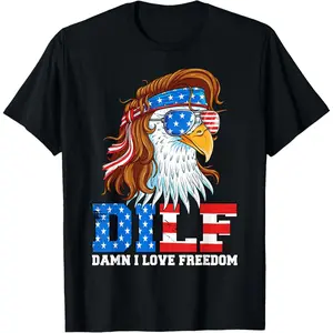 DILF Damn I Love Freedom Eagle Funny Patriotic 4th of July T-Shirt Pure Cotton Graphic Tees Menswear Top: Gifts for Men & Women