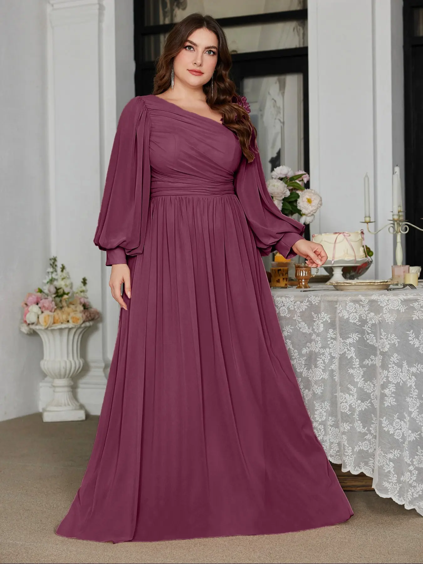 Elegant Chic Solid Color Lightweight Chiffon Fabric Off-Shoulder Women Dress with 3D Floral Flower Decorations, Ruched Waist Fitted A-Line Formal Wear Party Gown for Bridesmaids
