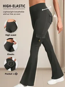 1-piece women's work Flare pants Womenswear fashionable casual trousers, suitable for outdoor sports and daily casual commuting, multi-pocket design is portable and practical, solid color high-waist Push Up pants.