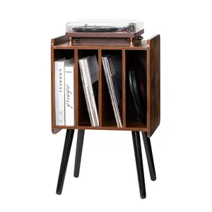 VEVOR Waterproof Record Player Stand, 2-Tier Turntable Stand with 4 Cabinets, 100-Album Capacity Record Holder & Organiser, Wooden Display Shelf for Bedroom, Living Room, Brown