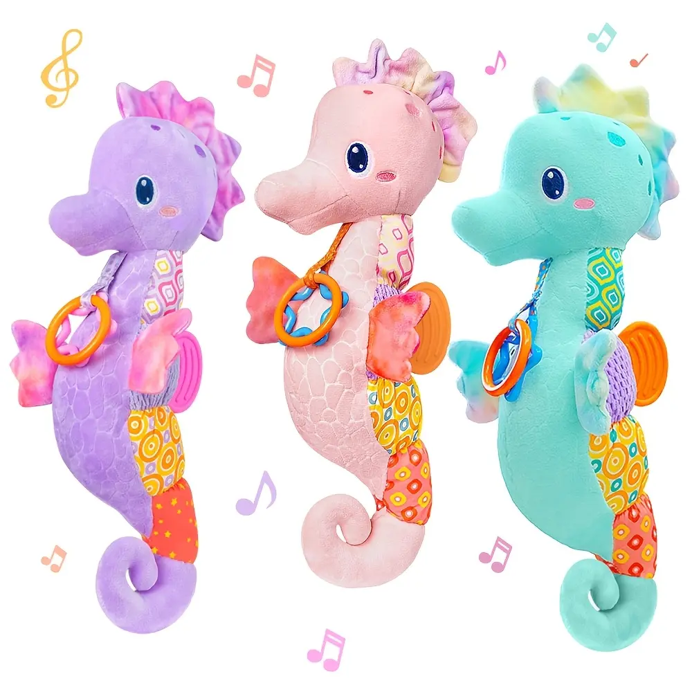 Infant Musical Cotton Stuffed Animal Toy for 0-12 Months Babies, Bright Colors, Crinkle Paper, Multi-Textures, Rattles, Gender-Neutral Gift for Christmas, Birthday (Blue, Pink, Purple)