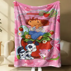 Cute Pink Strawberry Shortcake Flannel Fleece Throw Blanket, Ultra-Soft Cartoon Print Blanket for Girls Kids, Lightweight Summer Air Conditioner Blanket for Sofa Bed Office Car Camping Travel