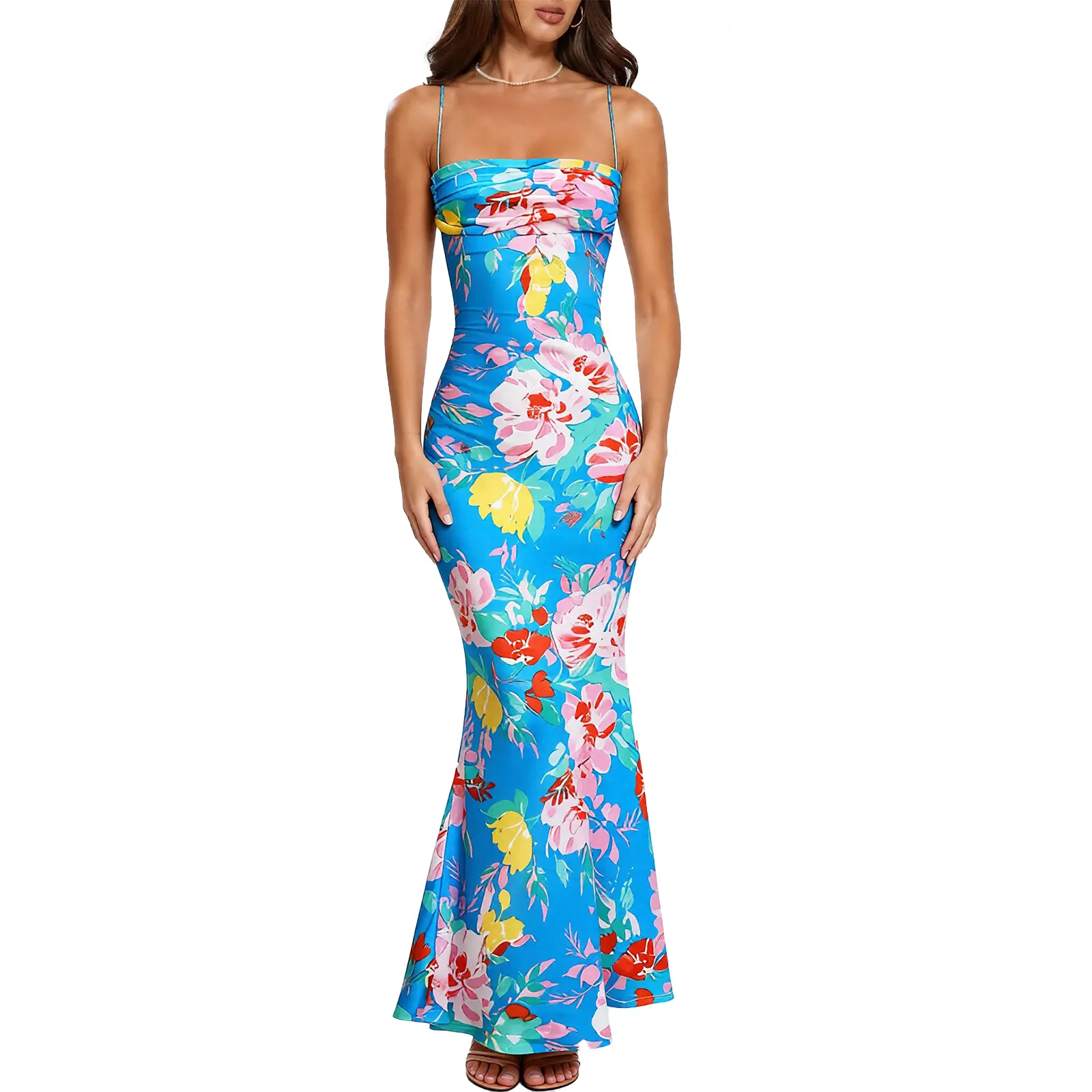 Hello Molly Tropics In Bloom Satin Maxi Dress Blue