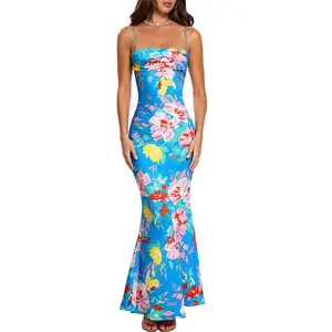 Hello Molly Tropics In Bloom Satin Maxi Dress Blue