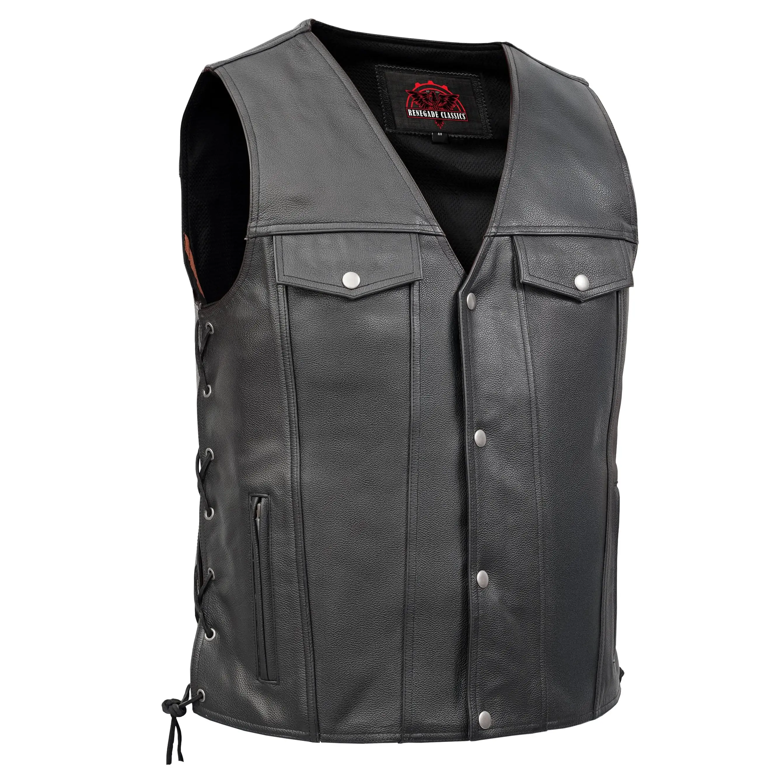 Renegade Classics Men's Black Buffalo Leather Motorcycle Protective Vest, Shoulder Guard Vest with Lace-Up Sides, Fully Lined