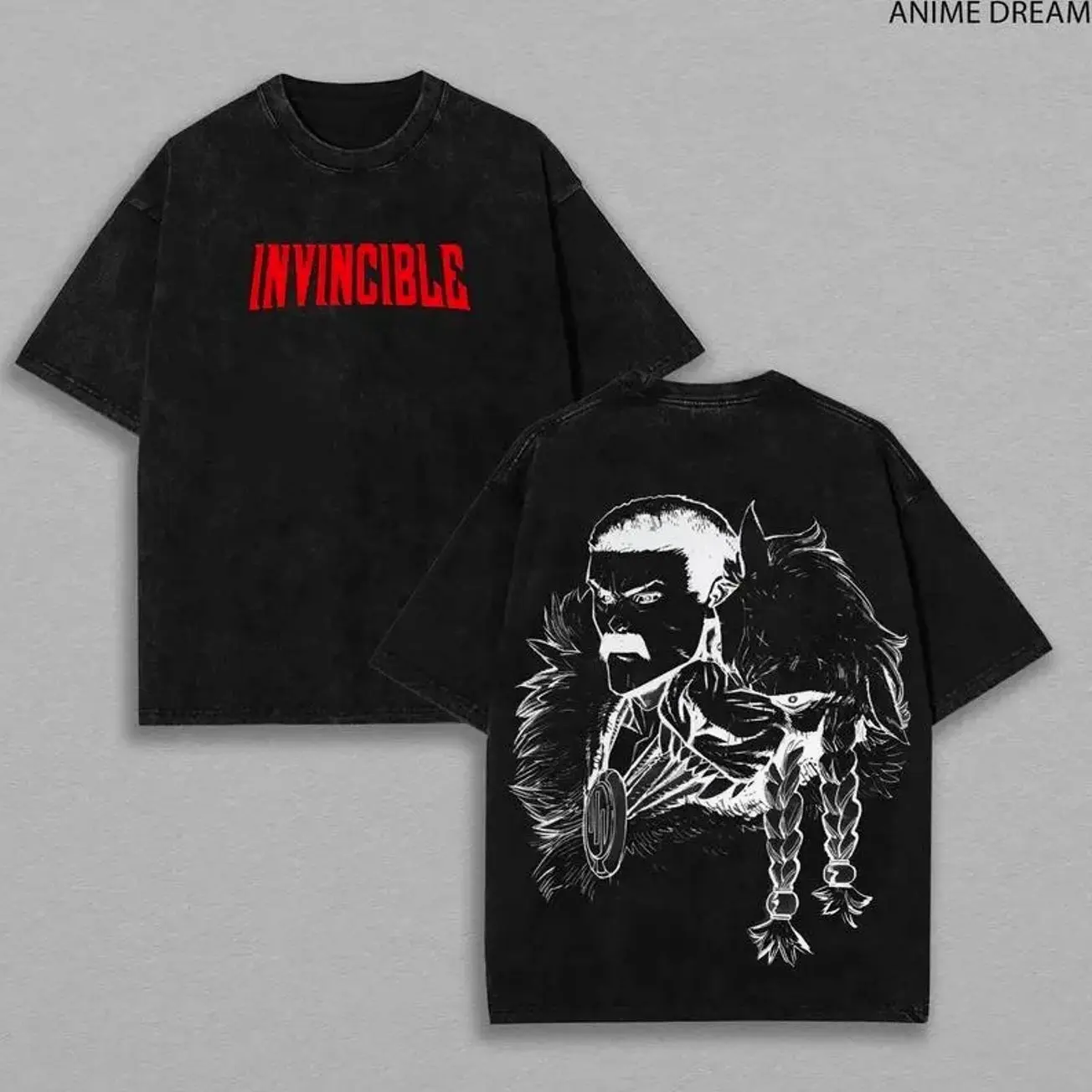 Thragg Invincible Anime Double Printed Vintage Washed Tee Unisex Oversize Heavyweight Cotton T-shirt for Anime Fans 65B