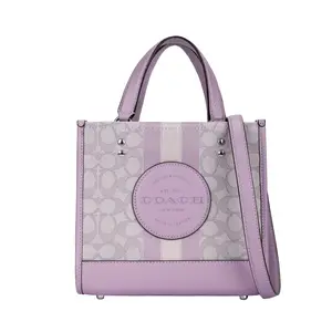 COACH Dempsey 22 Classic Monogram Stripe Tote Bag for Women, Fabric and Leather, Lilac