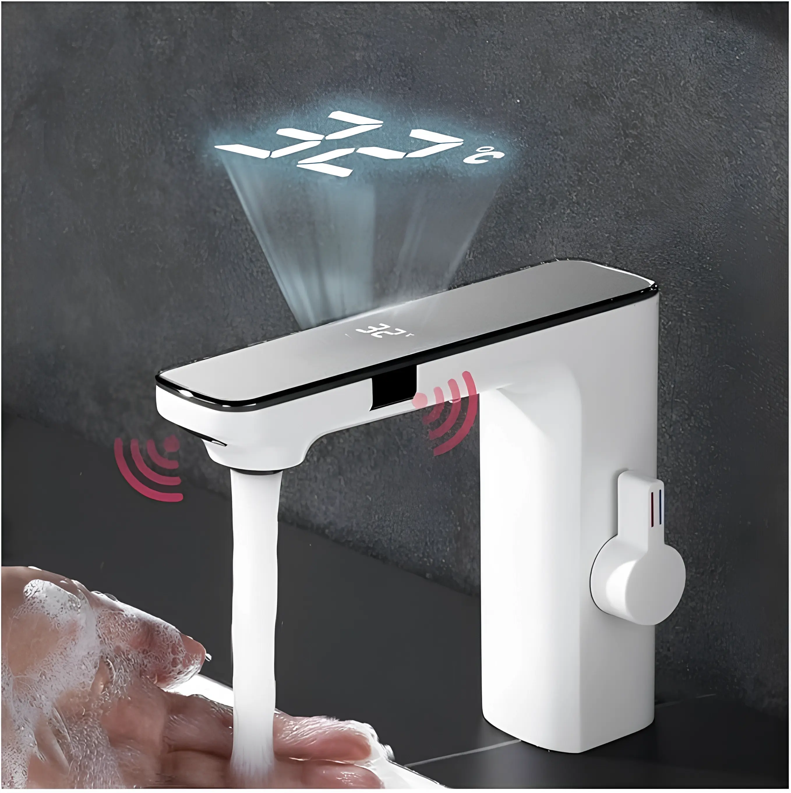 White Automatic Infrared Sensor Bathroom Sink Faucet with Temperature Display, Auto Sensor, Continuous Flow, Countertop, Easy to Install, Multi-Flow Modes Hot-Cold Water Mixer Tap, Auto Sensor Bathroom Sink Taps, Continuous Flow Bathroom Sink Taps