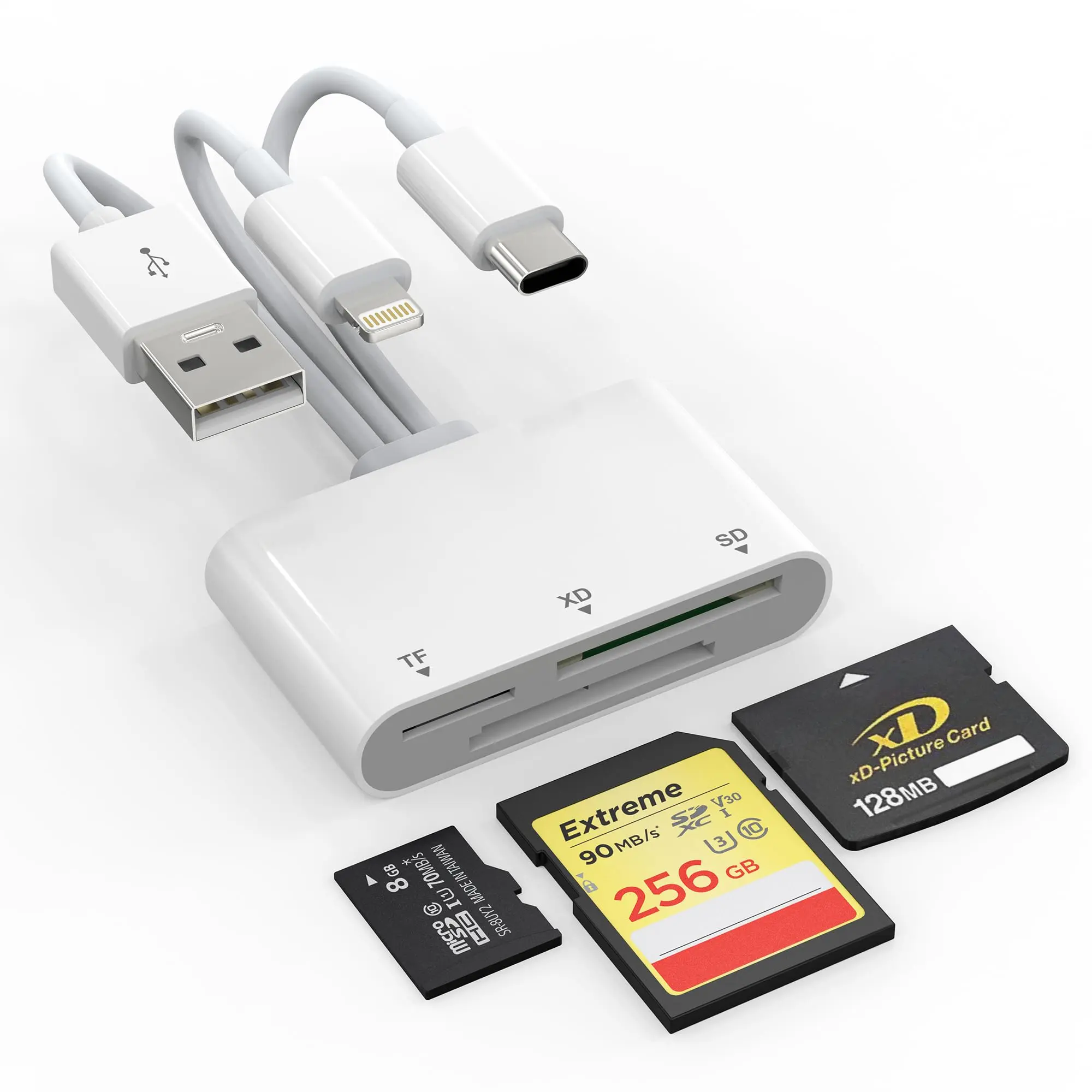 3 in 1 SD XD TF Card Reader, Multi Port Memory Card Reader Adapter with USB-A, USB-C Ports, Portable Camera Photo Transfer Card Reader for Smartphones, Laptops