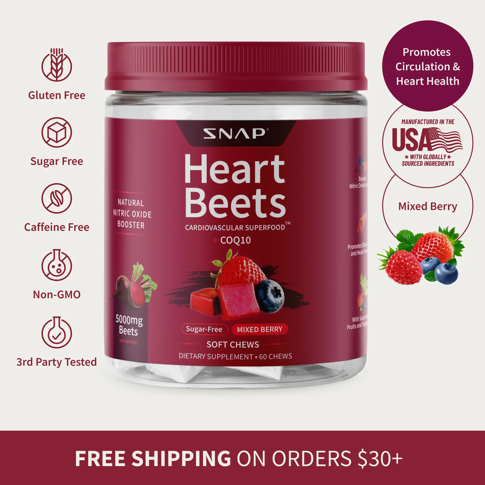 Snap Supplements - Heart Beets Chews - 30 Servings - Natural Supplement Soft Chews - Mixed Berry Flavor Dietary Edible - Nitric Oxide Cardiovascular Beetroot Snap Supplements - Heart Beets Chews - 30 Servings - Natural Supplement Soft Chews - Mixed Berry Flavor Dietary Edible - Nitric Oxide Cardiovascular Beetroot