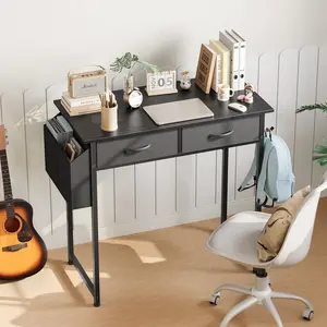 Small Desk with Fabric Drawers for Bedroom Home Office, 32 Inch Computer Gaming Desk Writing Study PC Table with Side Bag Headphone Hook Metal Frame Adjustable Feet