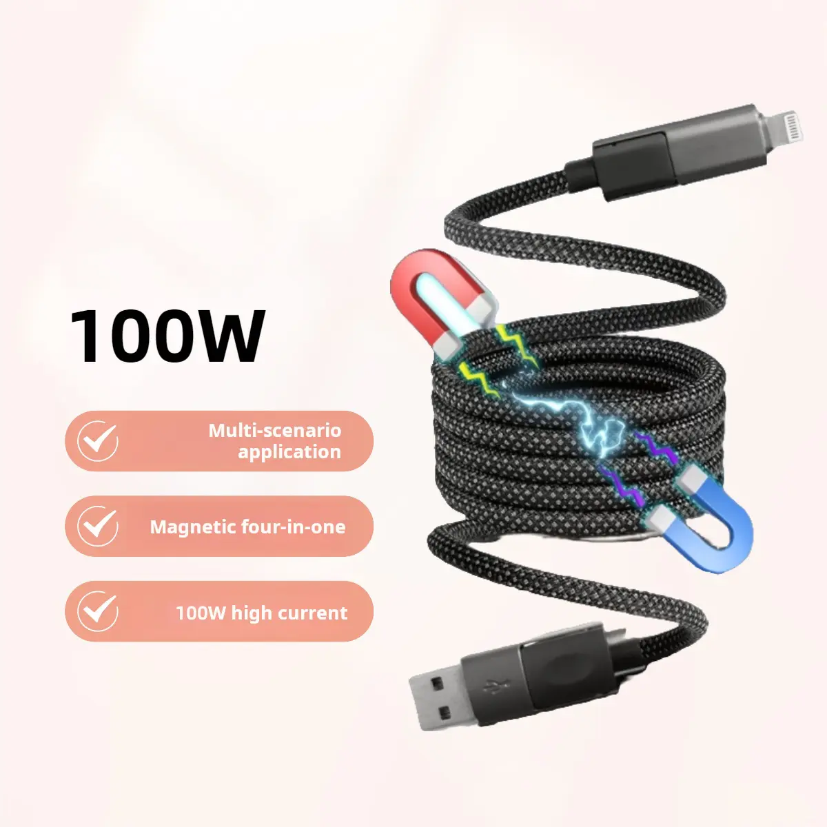 Evary 4-in-1 Magnetic Automatically Retractable Fast Charging Cable – 100W Data Transfer Multi-Devices Charger, Convenient for Storage and Travel Essential, for iPhone/iPad/Samsung Galaxy Smartphone