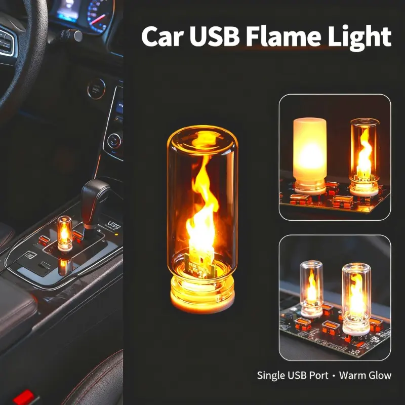 USB LED Flame Night Light, Electronic Led Light, Single USB Port, Frosted Transparent Glass, Flashing Dynamic Flame Lamp, Flame Effect, Touch Control Car Home Lighting, Decorative Mood Lamp
